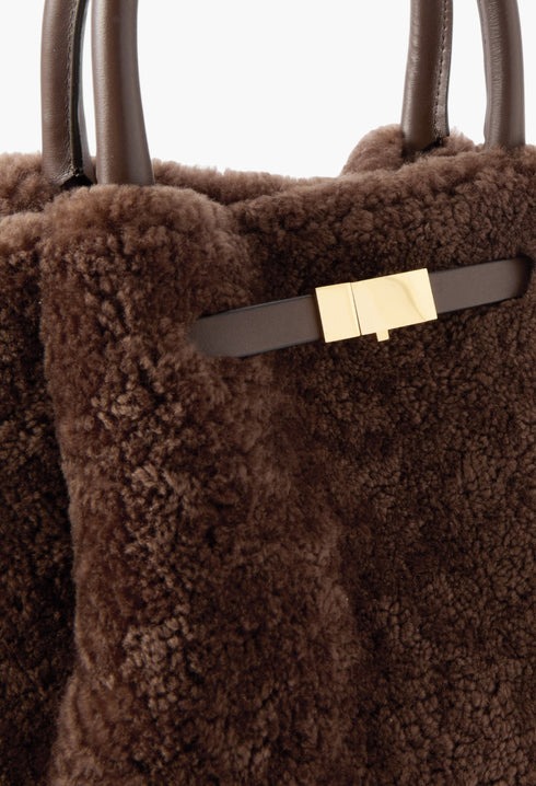 Brown - New York Midi Leather-Trimmed Shearling Tote - GLAM MODA