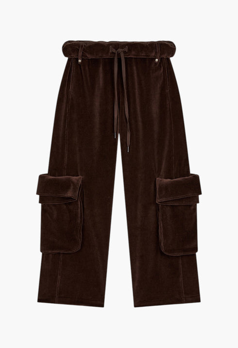 Rolled Waist Velour Cargo Pants, Brown - GLAM MODA