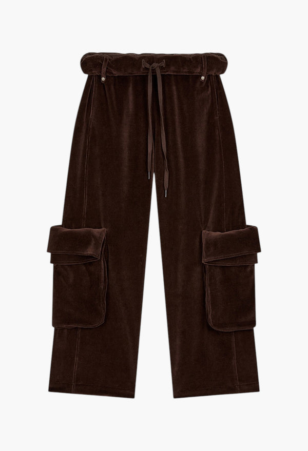 Rolled Waist Velour Cargo Pants, Brown