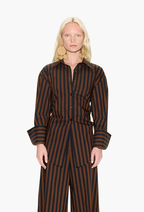 Loch Poplin Button Up - Black/Choco Brown Stripe - GLAM MODA