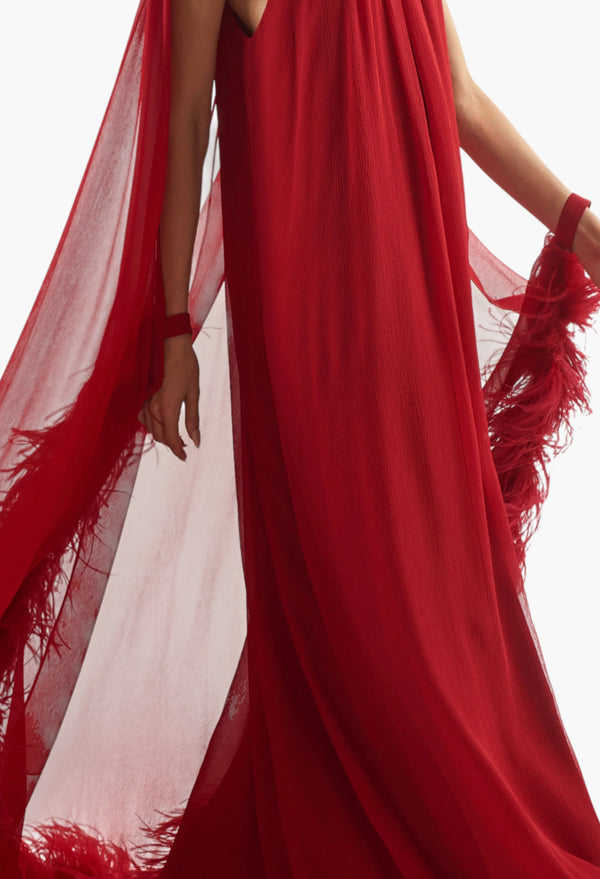 Feathered Eterea Gown In Ruby