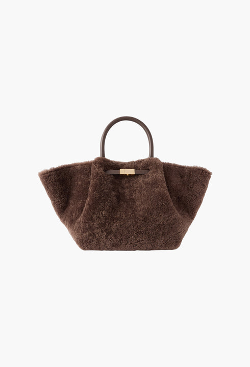Brown - New York Midi Leather-Trimmed Shearling Tote - GLAM MODA