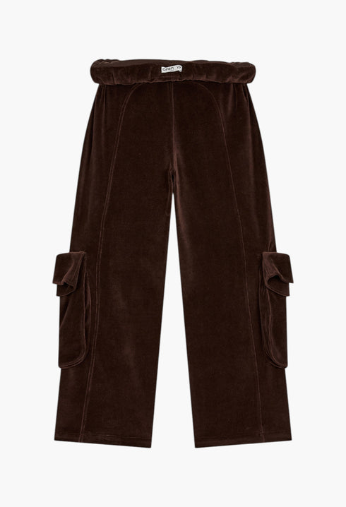 Rolled Waist Velour Cargo Pants, Brown - GLAM MODA