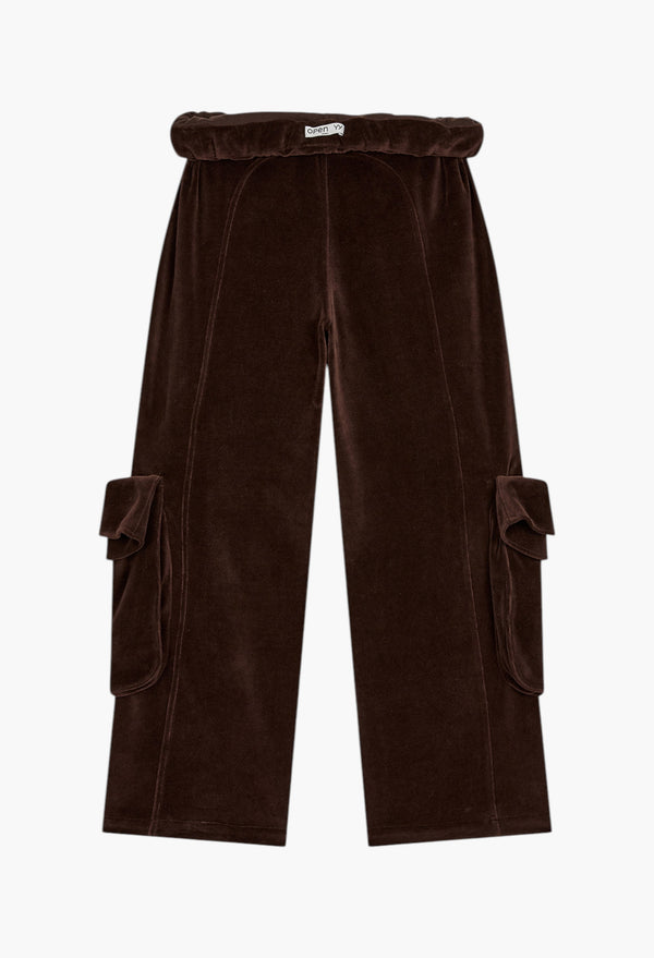 Rolled Waist Velour Cargo Pants, Brown