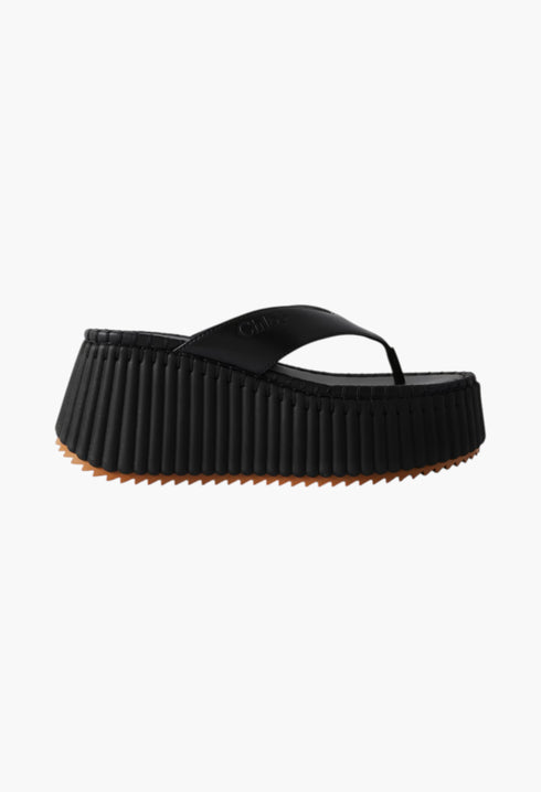 Black - Nama Leather Platform Flip Flops - GLAM MODA