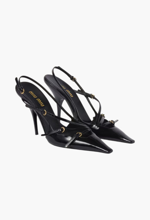 Black - Patent Leather Slingbacks With Buckles - GLAM MODA
