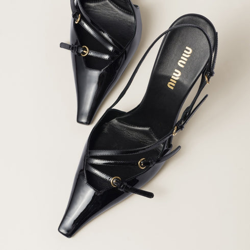 Black - Patent Leather Slingbacks With Buckles - GLAM MODA