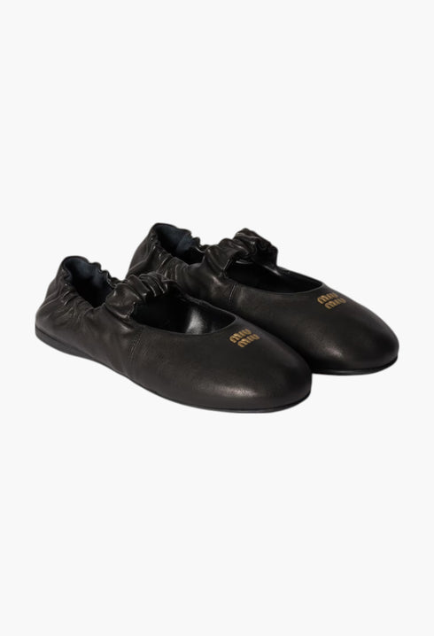 Black - Ruches Nappa Leather Ballerinas - GLAM MODA
