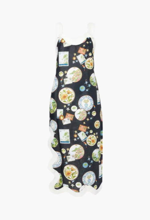 Black - Trip Souvenir Wavy-Trims Linen Maxi Dress - GLAM MODA