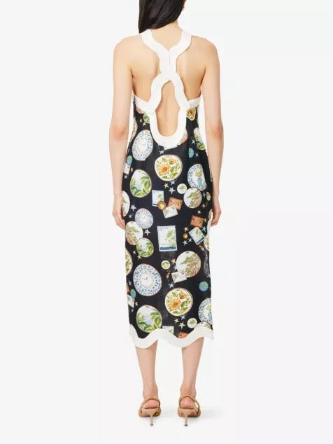 Black - Trip Souvenir Wavy-Trims Linen Maxi Dress - GLAM MODA