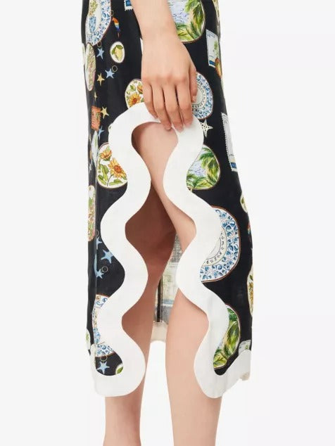 Black - Trip Souvenir Wavy-Trims Linen Maxi Dress - GLAM MODA