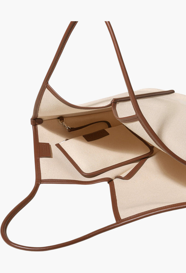 Beige / Chestnut - Calella Leather-Trimmed Organic Cotton Tote Bag