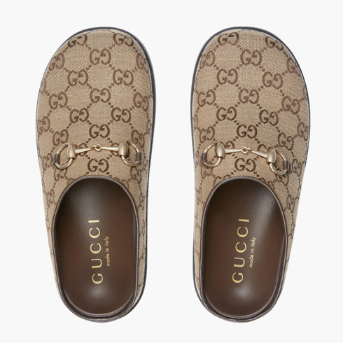 Camel And Dark Brown GG Canvas - Women's Mule With Horsebit - GLAM MODA