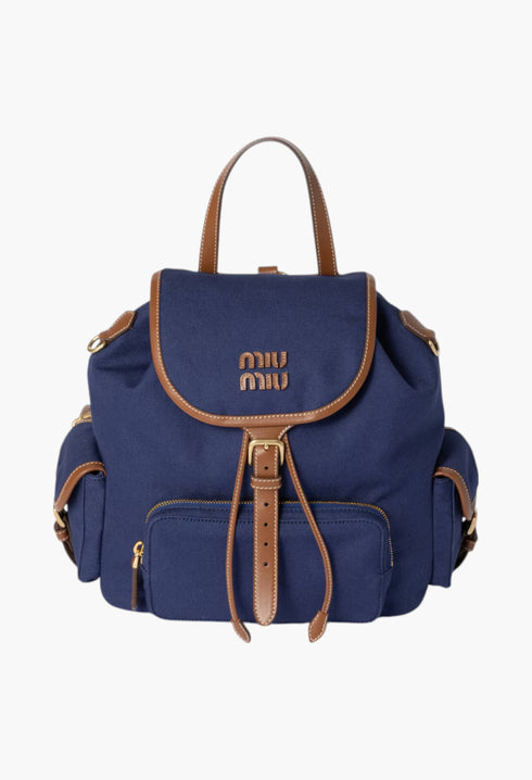 Cornflower Blue/Brandy - Canvas And Leather Backpack - GLAM MODA
