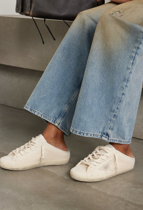 Cream - Super-Star Sabot Suede-Trimmed Bead-Embellished Canvas Slip-On Sneakers - GLAM MODA