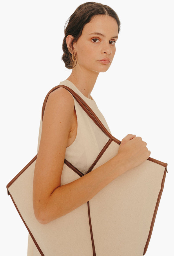 Beige / Chestnut - Calella Leather-Trimmed Organic Cotton Tote Bag