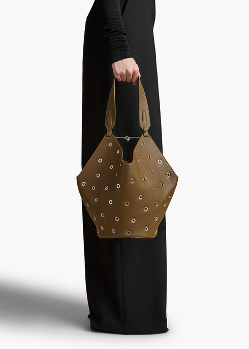 Dark Olive Pebbled Leather with Grommets - Small Lotus Tote - GLAM MODA