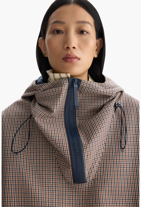 Hooded Chequered Technical Cotton Oversize Coat - GLAM MODA