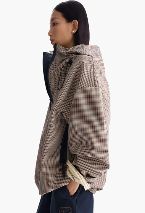 Hooded Chequered Technical Cotton Oversize Coat - GLAM MODA