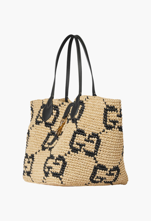 Natural And Black GG Raffia-Effect Fabric - Woven Medium Tote Bag - GLAM MODA