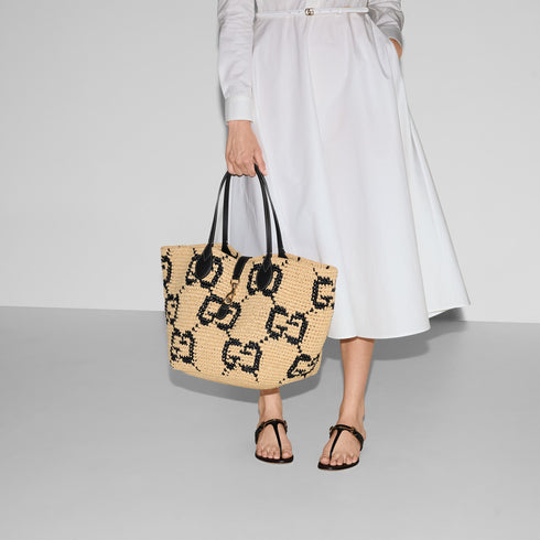 Natural And Black GG Raffia-Effect Fabric - Woven Medium Tote Bag - GLAM MODA