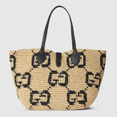 Natural And Black GG Raffia-Effect Fabric - Woven Medium Tote Bag - GLAM MODA