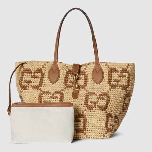 Natural And Brown GG Raffia-Effect Fabric - Woven Medium Tote Bag - GLAM MODA