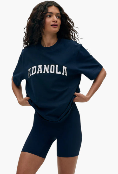 Navy Blue/White - Varsity Short Sleeve Oversized T-shirt - GLAM MODA