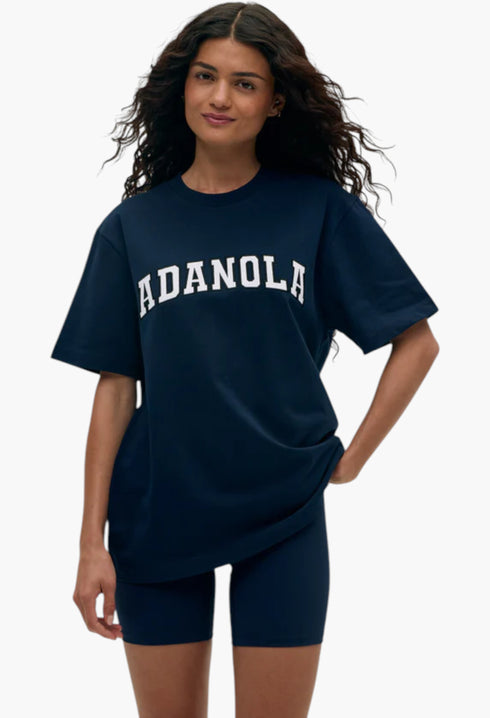 Navy Blue/White - Varsity Short Sleeve Oversized T-shirt - GLAM MODA
