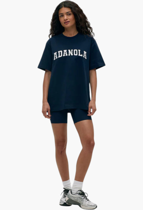 Navy Blue/White - Varsity Short Sleeve Oversized T-shirt - GLAM MODA