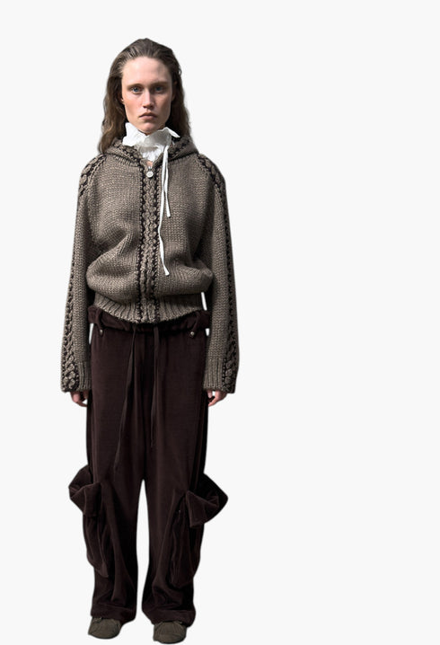 Rolled Waist Velour Cargo Pants, Brown - GLAM MODA