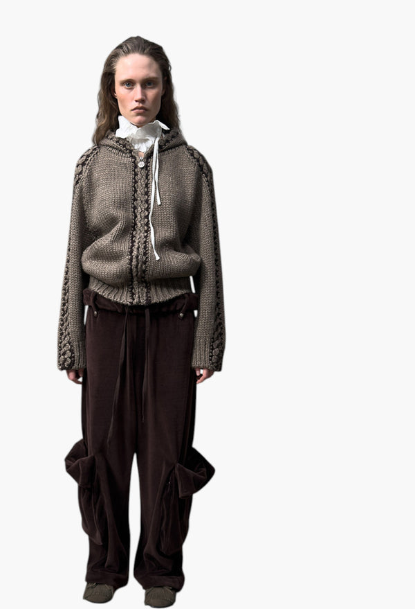 Rolled Waist Velour Cargo Pants, Brown