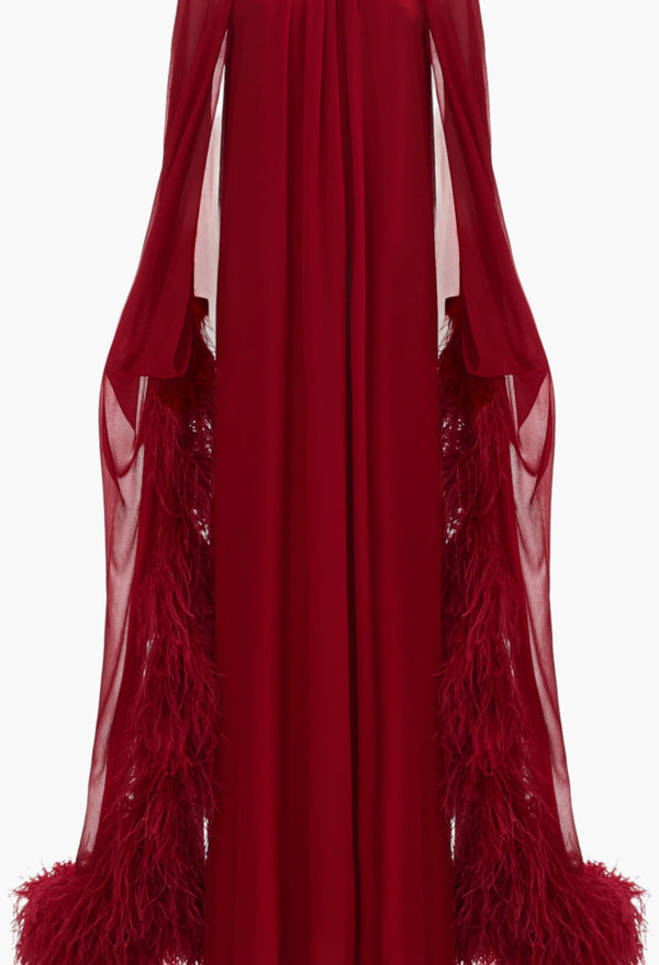 Feathered Eterea Gown In Ruby
