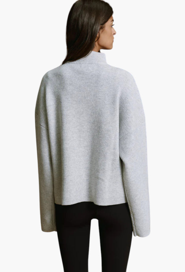 Ribbed Zip Through Knit Sweatshirt - Light Grey Melange/Burgundy
