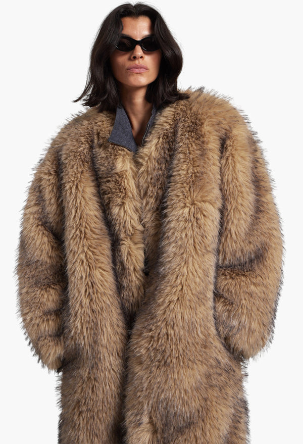 Rotate Faux Fur Long Coat - Nougat