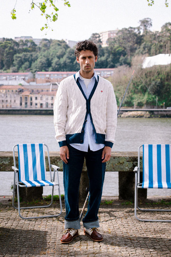 Coup Cardigan -  Off White/ Navy Blue Rib