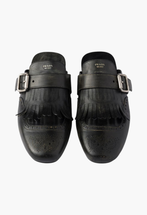 Black - Shuffle Fringed Leather Mules - GLAM MODA