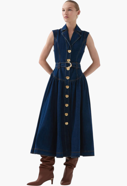 Dark Classic Wash - Elena Belted Denim Midi Dress - GLAM MODA