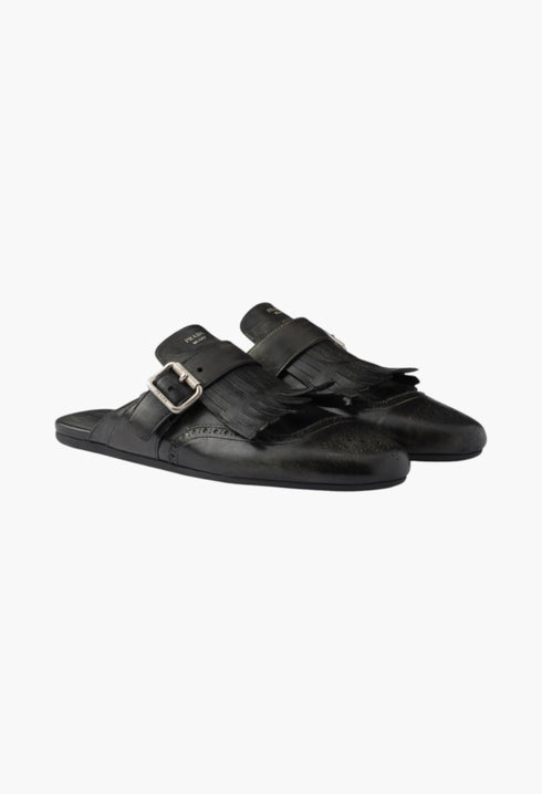 Black - Shuffle Fringed Leather Mules - GLAM MODA