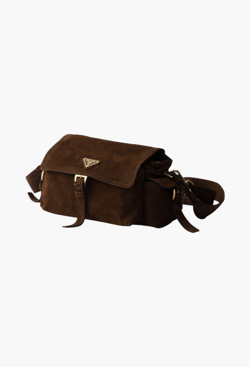 Cocoa Brown - Prada Explore Medium Suede Shoulder Bag With Flap - GLAM MODA