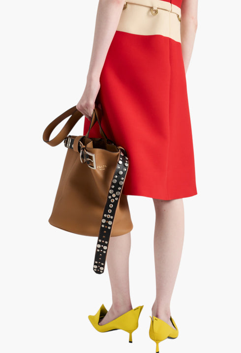 Caramel/Black - Prada Buckle Leather Bucket Bag With Studded Belt - GLAM MODA