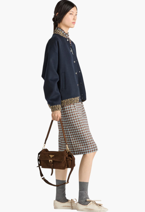 Cocoa Brown - Prada Explore Medium Suede Shoulder Bag With Flap - GLAM MODA