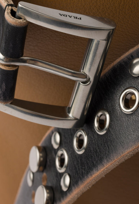 Caramel/Black - Prada Buckle Leather Bucket Bag With Studded Belt - GLAM MODA