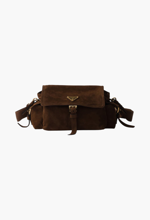 Cocoa Brown - Prada Explore Medium Suede Shoulder Bag With Flap - GLAM MODA