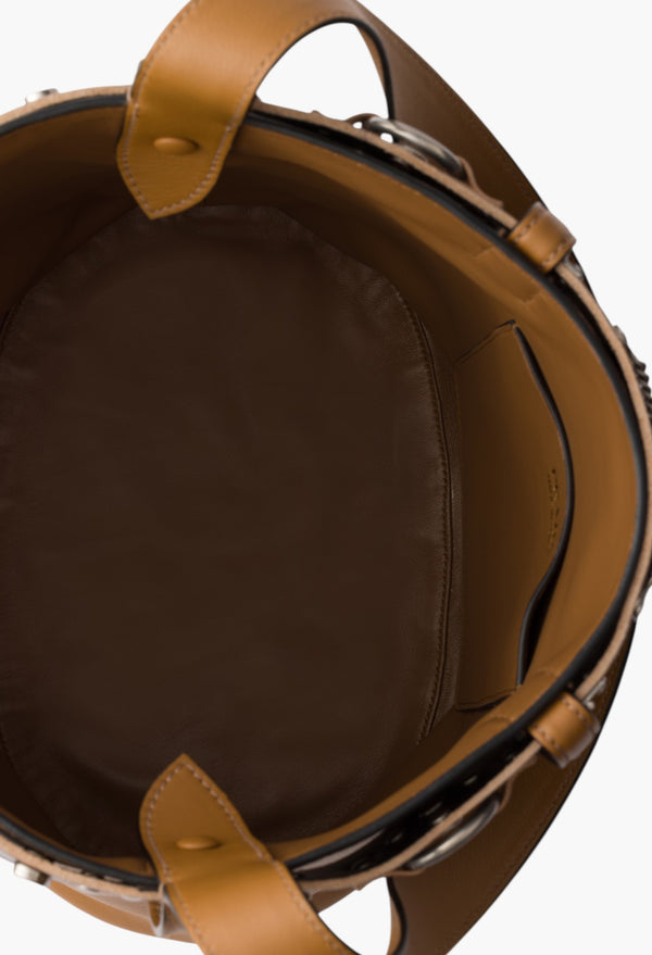 Caramel/Black - Prada Buckle Leather Bucket Bag With Studded Belt