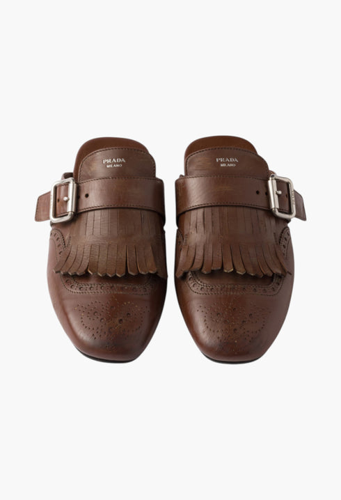 Cognac - Shuffle Fringed Leather Mules - GLAM MODA