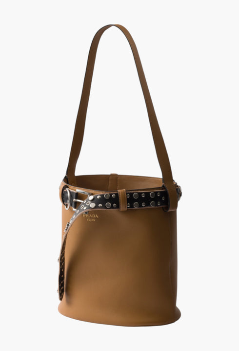 Caramel/Black - Prada Buckle Leather Bucket Bag With Studded Belt - GLAM MODA
