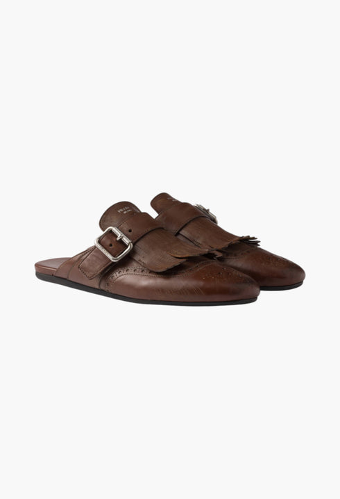 Cognac - Shuffle Fringed Leather Mules - GLAM MODA