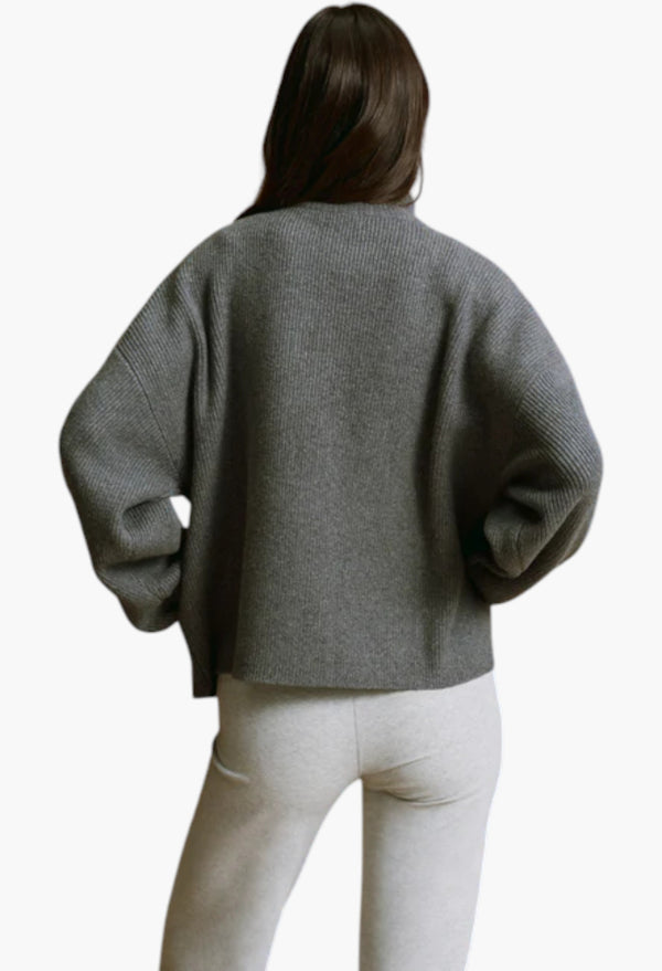 Ribbed Zip Through Knit Sweatshirt - Dark Grey Melange/Marshmallow White