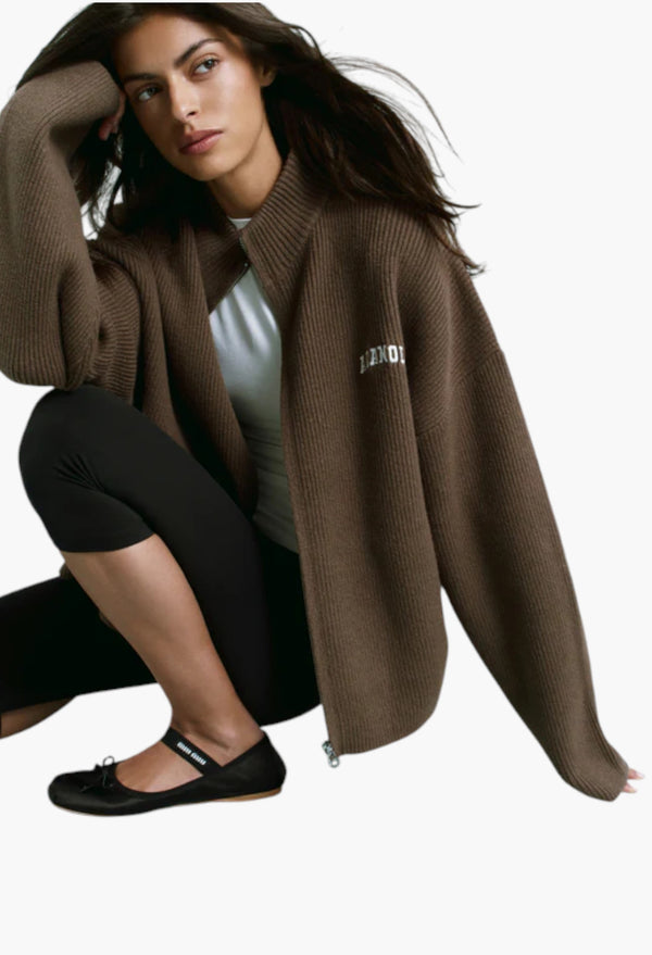 Ribbed Zip Through Knit Sweatshirt - Dark Cocoa Brown